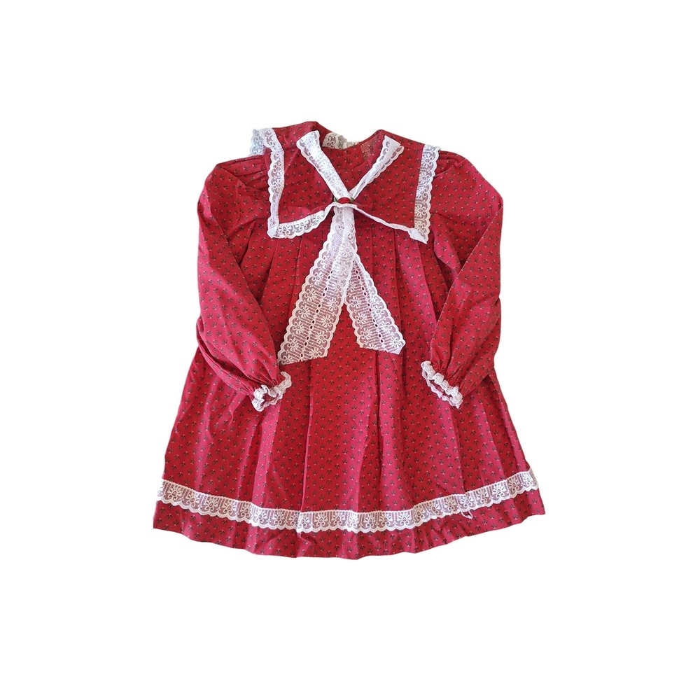 Evy Red Floral Vintage Style Lace Trim Sailor Collar Long Sleeve Kids Dress
